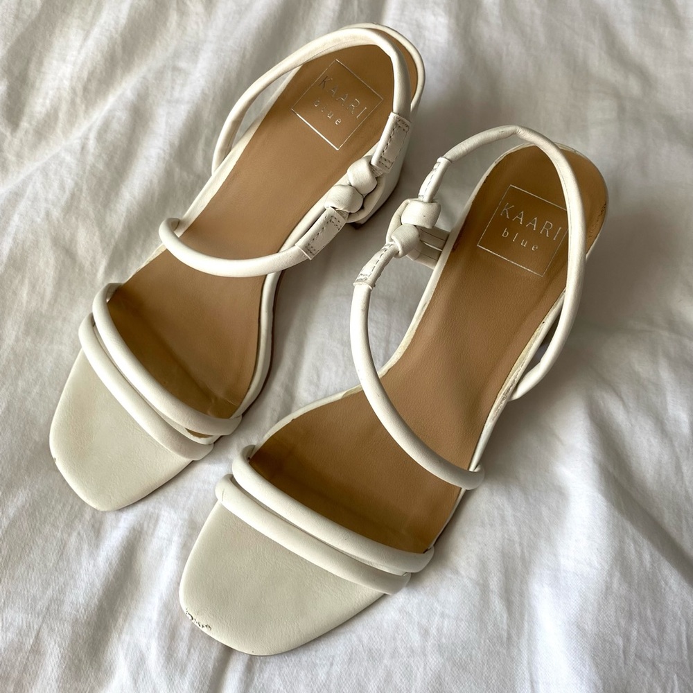 Kaari Blue White Laurel Strappy Sandals Women's Block Heel Square Toe